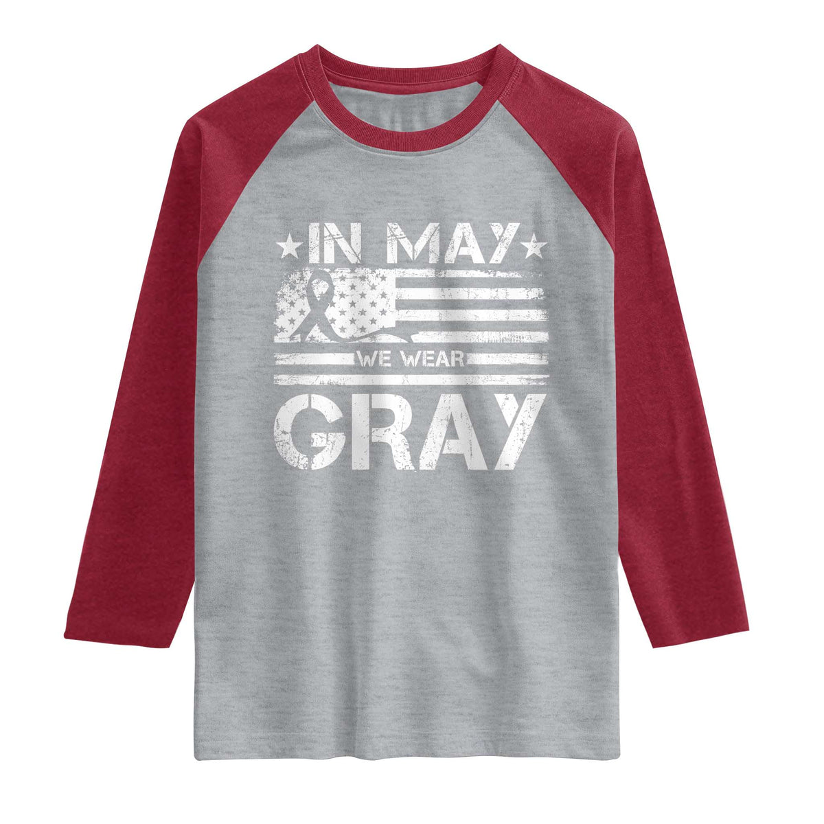 Brain Cancer Awareness Raglan Shirt In May We Wear Gray US Flag TS10 Heather Gray Heather Red Print Your Wear