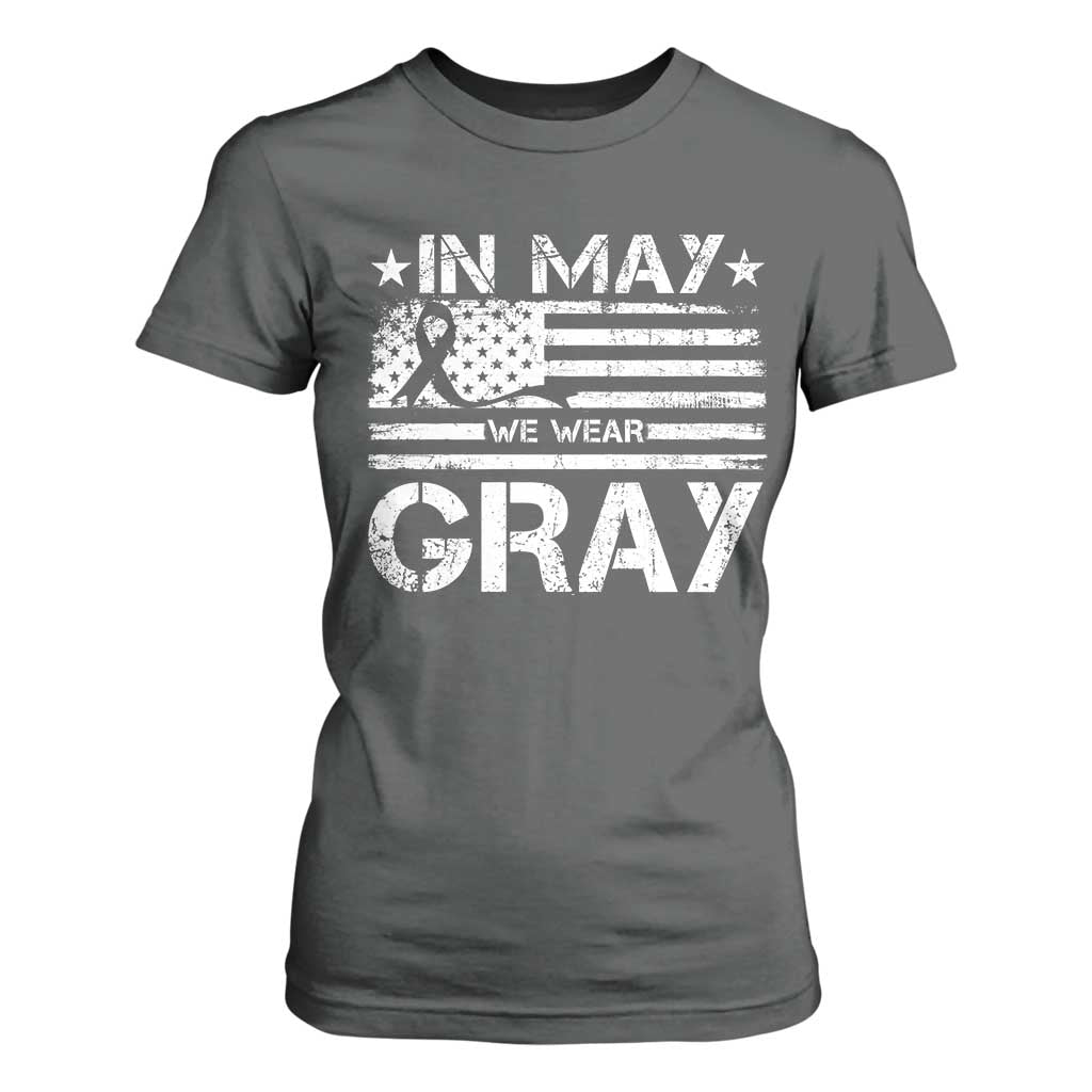 Brain Cancer Awareness T Shirt For Women In May We Wear Gray US Flag TS10 Dark Heather Print Your Wear