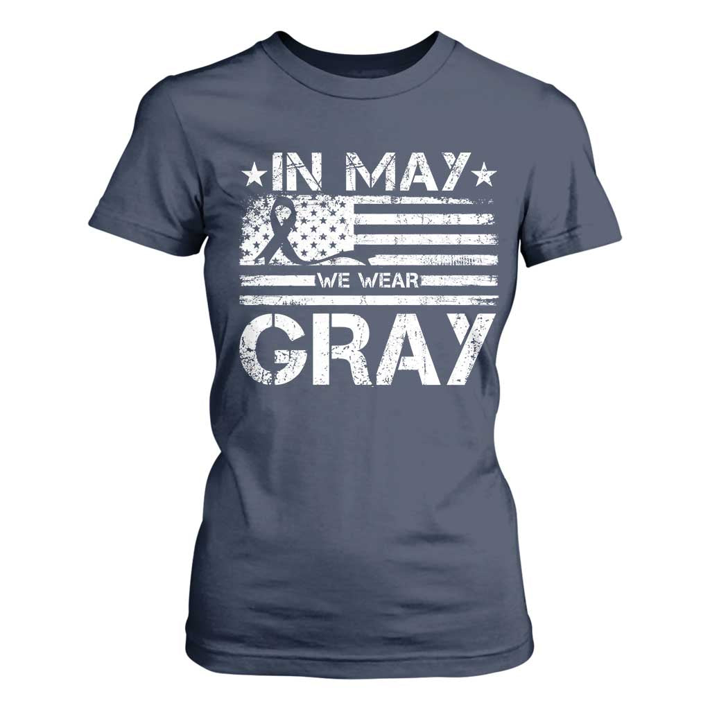 Brain Cancer Awareness T Shirt For Women In May We Wear Gray US Flag TS10 Navy Print Your Wear