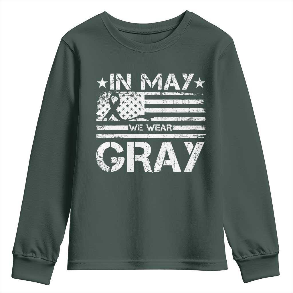 Brain Cancer Awareness Youth Sweatshirt In May We Wear Gray US Flag TS10 Dark Forest Green Print Your Wear