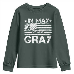 Brain Cancer Awareness Youth Sweatshirt In May We Wear Gray US Flag TS10 Dark Forest Green Print Your Wear