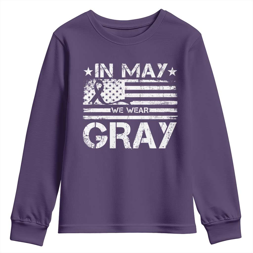 Brain Cancer Awareness Youth Sweatshirt In May We Wear Gray US Flag TS10 Purple Print Your Wear