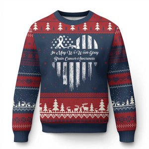 Brain Cancer Awareness Ugly Christmas Sweater In May We Wear Gray American Flag Heart TS10 Navy Red Print Your Wear