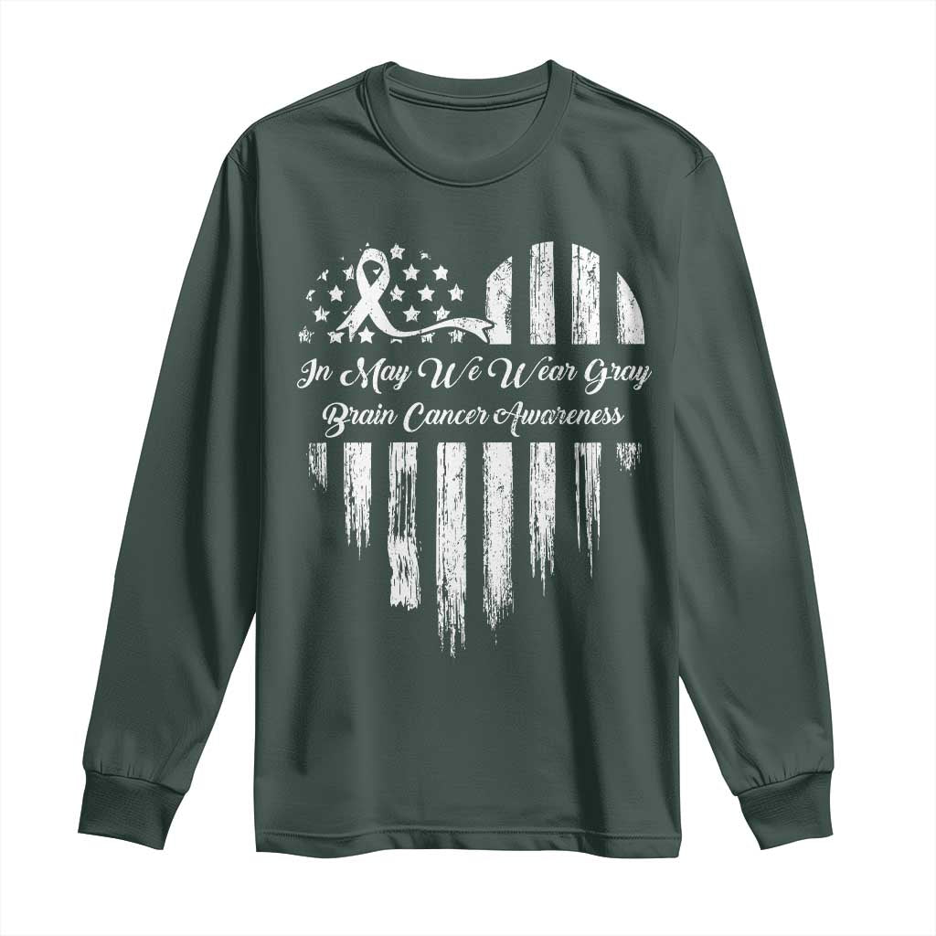 Brain Cancer Awareness Long Sleeve Shirt In May We Wear Gray American Flag Heart TS10 Dark Forest Green Print Your Wear