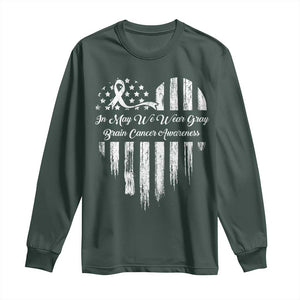 Brain Cancer Awareness Long Sleeve Shirt In May We Wear Gray American Flag Heart TS10 Dark Forest Green Print Your Wear