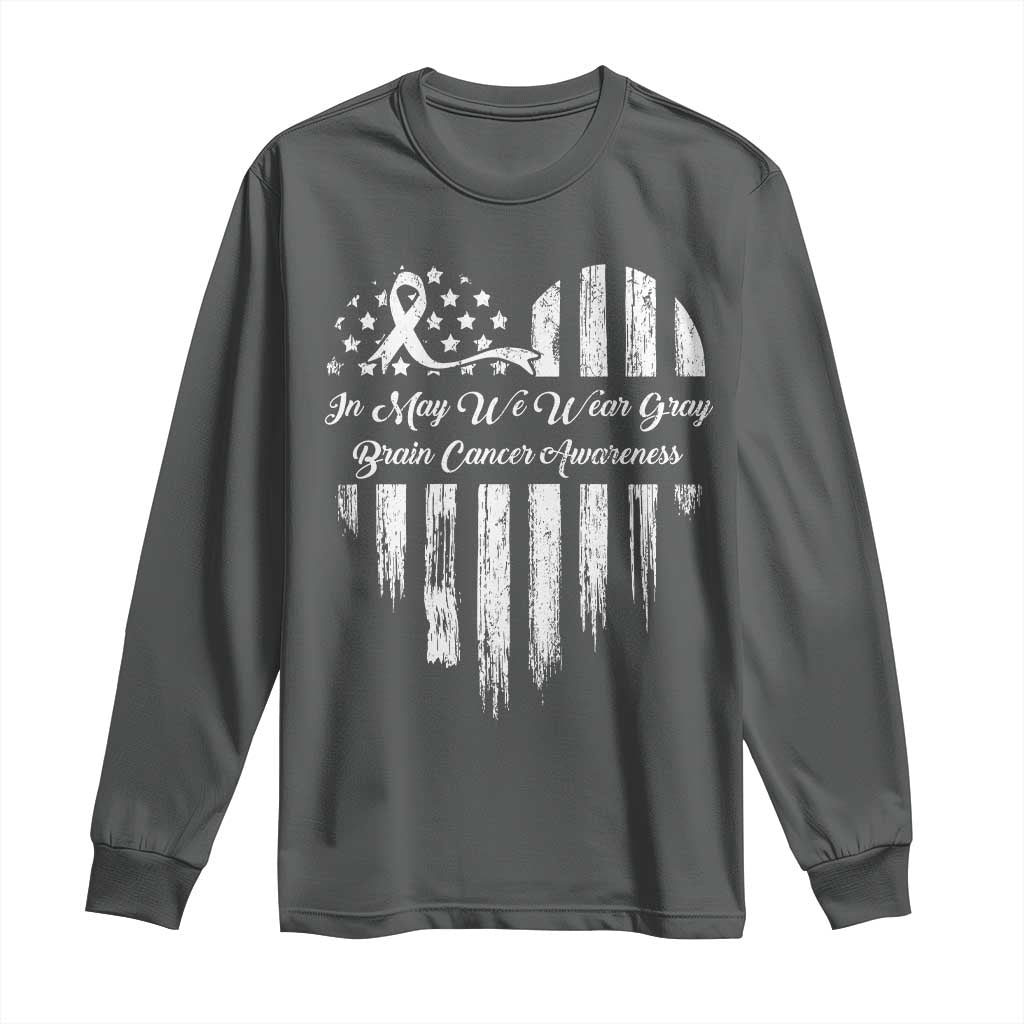 Brain Cancer Awareness Long Sleeve Shirt In May We Wear Gray American Flag Heart TS10 Dark Heather Print Your Wear