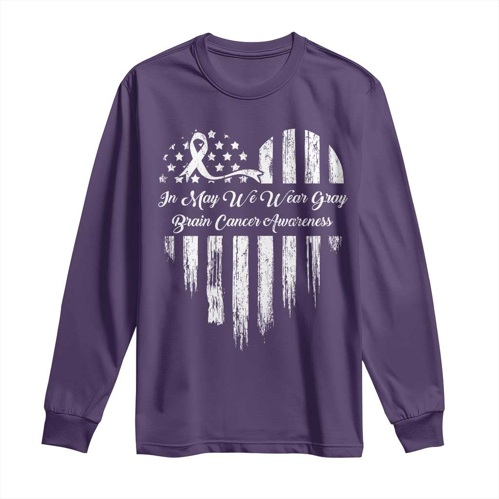 Brain Cancer Awareness Long Sleeve Shirt In May We Wear Gray American Flag Heart TS10 Purple Print Your Wear