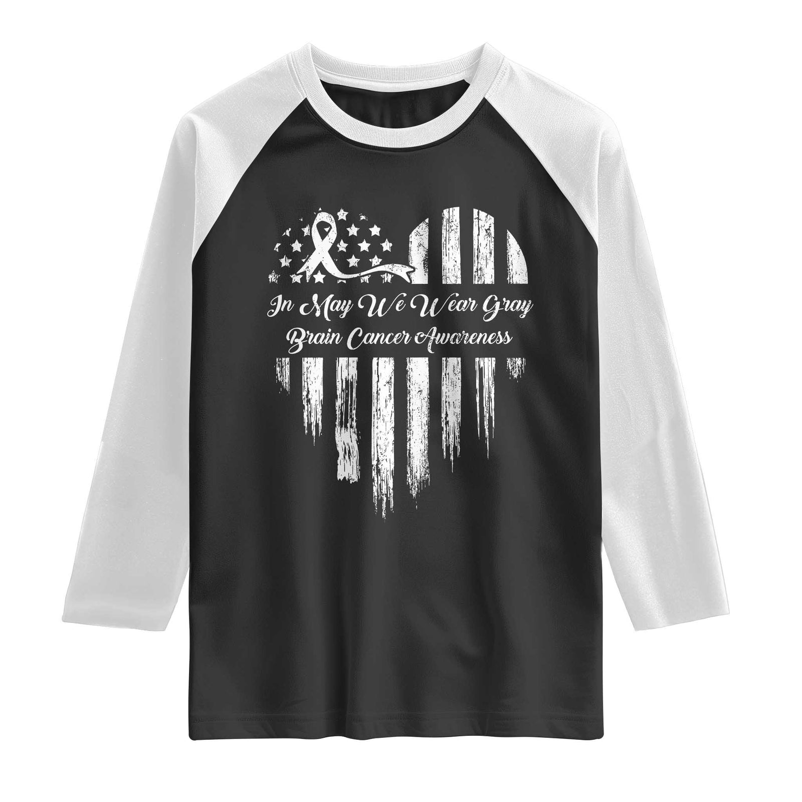 Brain Cancer Awareness Raglan Shirt In May We Wear Gray American Flag Heart TS10 Black White Print Your Wear