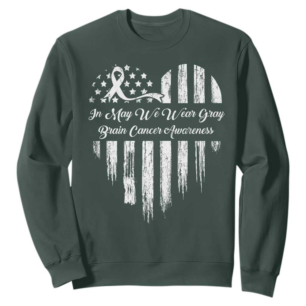 Brain Cancer Awareness Sweatshirt In May We Wear Gray American Flag Heart TS10 Dark Forest Green Print Your Wear
