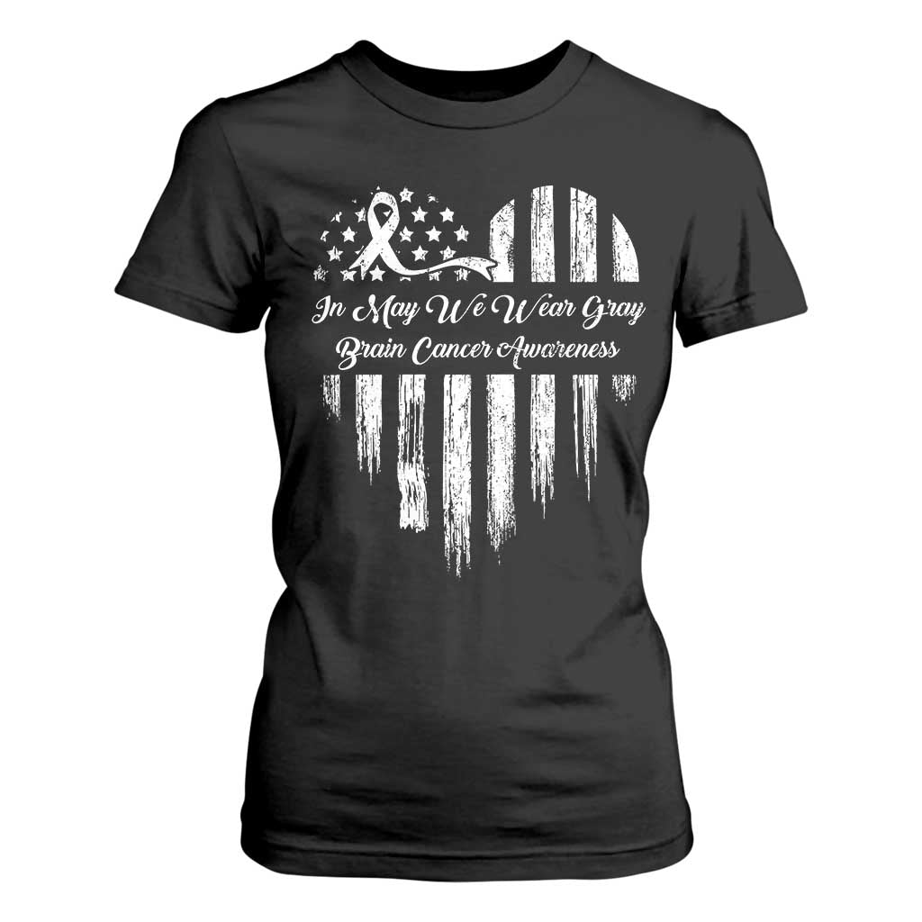 Brain Cancer Awareness T Shirt For Women In May We Wear Gray American Flag Heart TS10 Black Print Your Wear