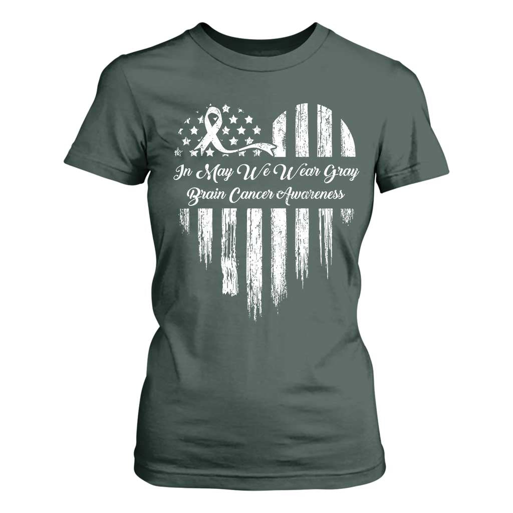 Brain Cancer Awareness T Shirt For Women In May We Wear Gray American Flag Heart TS10 Dark Forest Green Print Your Wear
