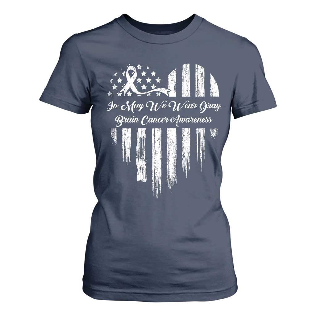 Brain Cancer Awareness T Shirt For Women In May We Wear Gray American Flag Heart TS10 Navy Print Your Wear