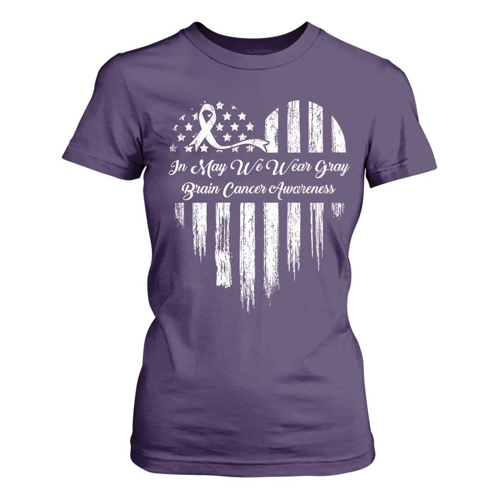 Brain Cancer Awareness T Shirt For Women In May We Wear Gray American Flag Heart TS10 Purple Print Your Wear