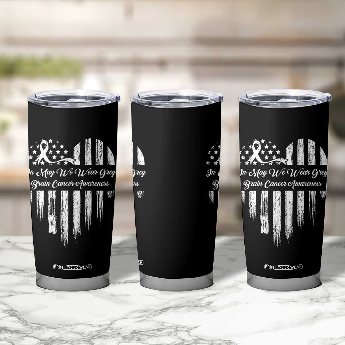 Brain Cancer Awareness Tumbler Cup In May We Wear Gray American Flag Heart TS10 Print Your Wear