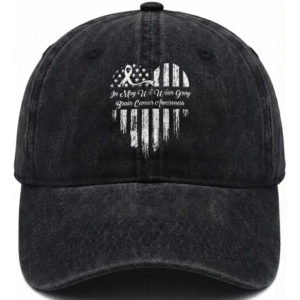 Brain Cancer Awareness Washed Cotton Baseball Cap In May We Wear Gray American Flag Heart TS10 Washed Cap Universal Fit Black Print Your Wear