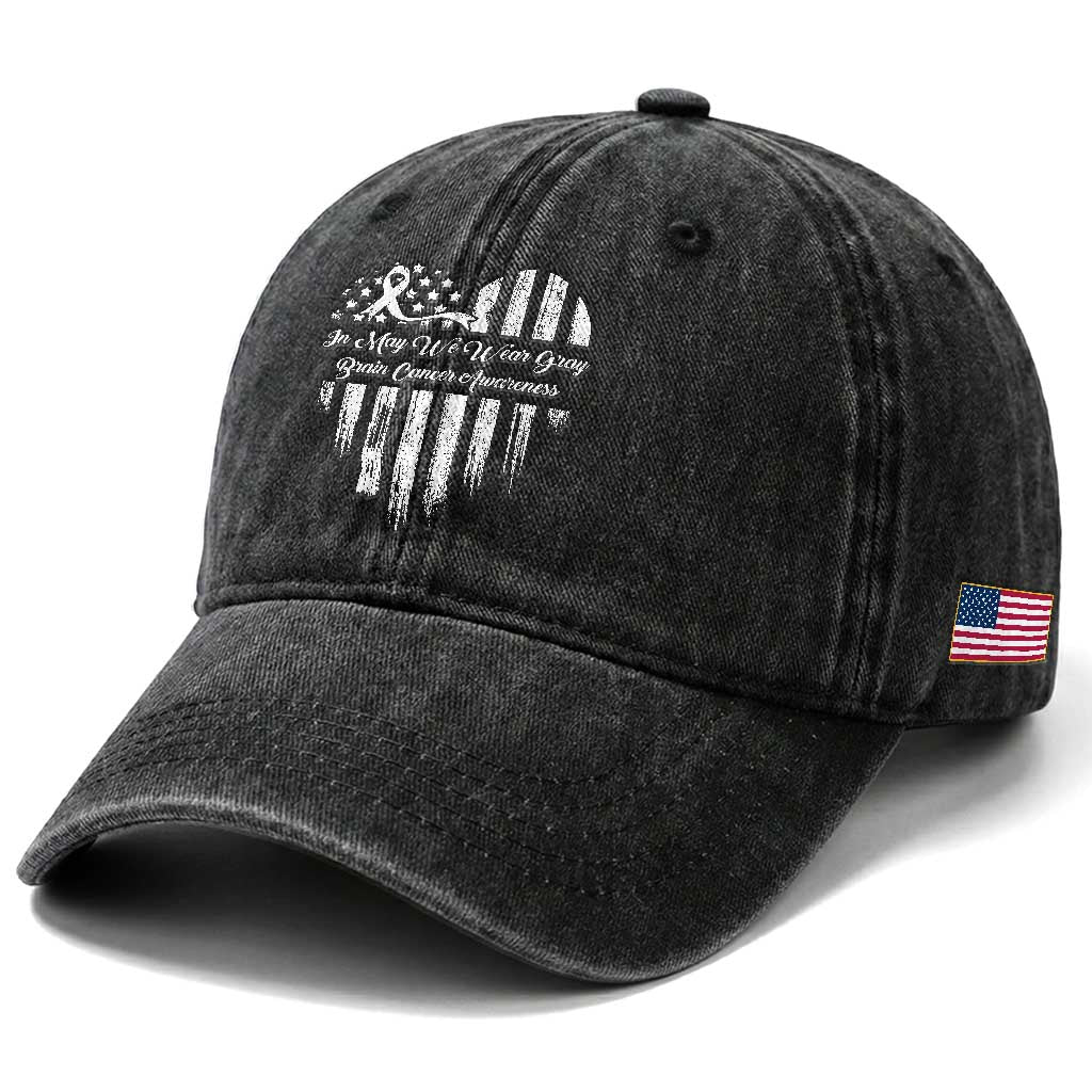 Brain Cancer Awareness Washed Cotton Baseball Cap In May We Wear Gray American Flag Heart TS10 Print Your Wear