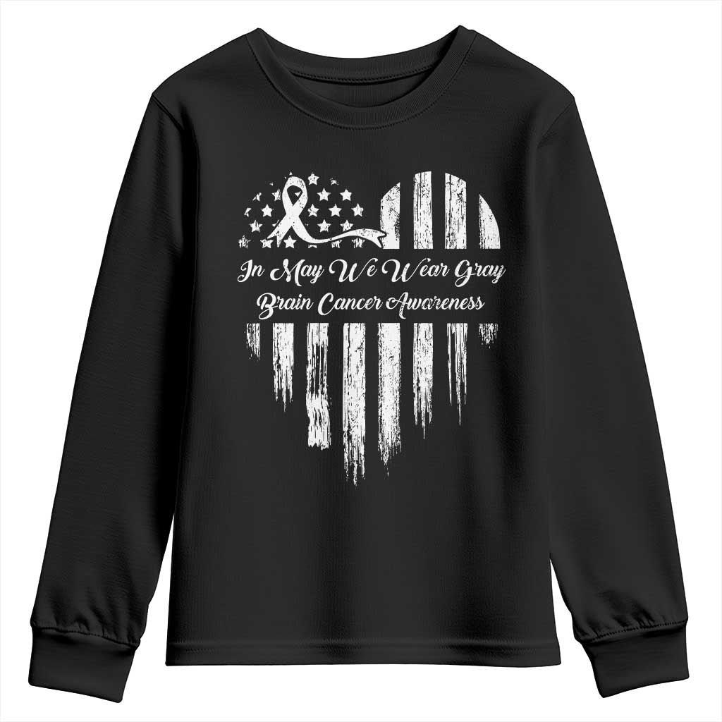 Brain Cancer Awareness Youth Sweatshirt In May We Wear Gray American Flag Heart TS10 Black Print Your Wear