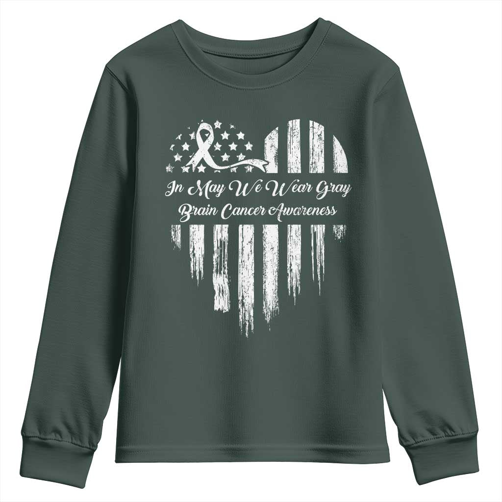 Brain Cancer Awareness Youth Sweatshirt In May We Wear Gray American Flag Heart TS10 Dark Forest Green Print Your Wear