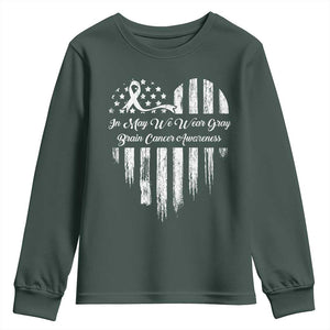Brain Cancer Awareness Youth Sweatshirt In May We Wear Gray American Flag Heart TS10 Dark Forest Green Print Your Wear