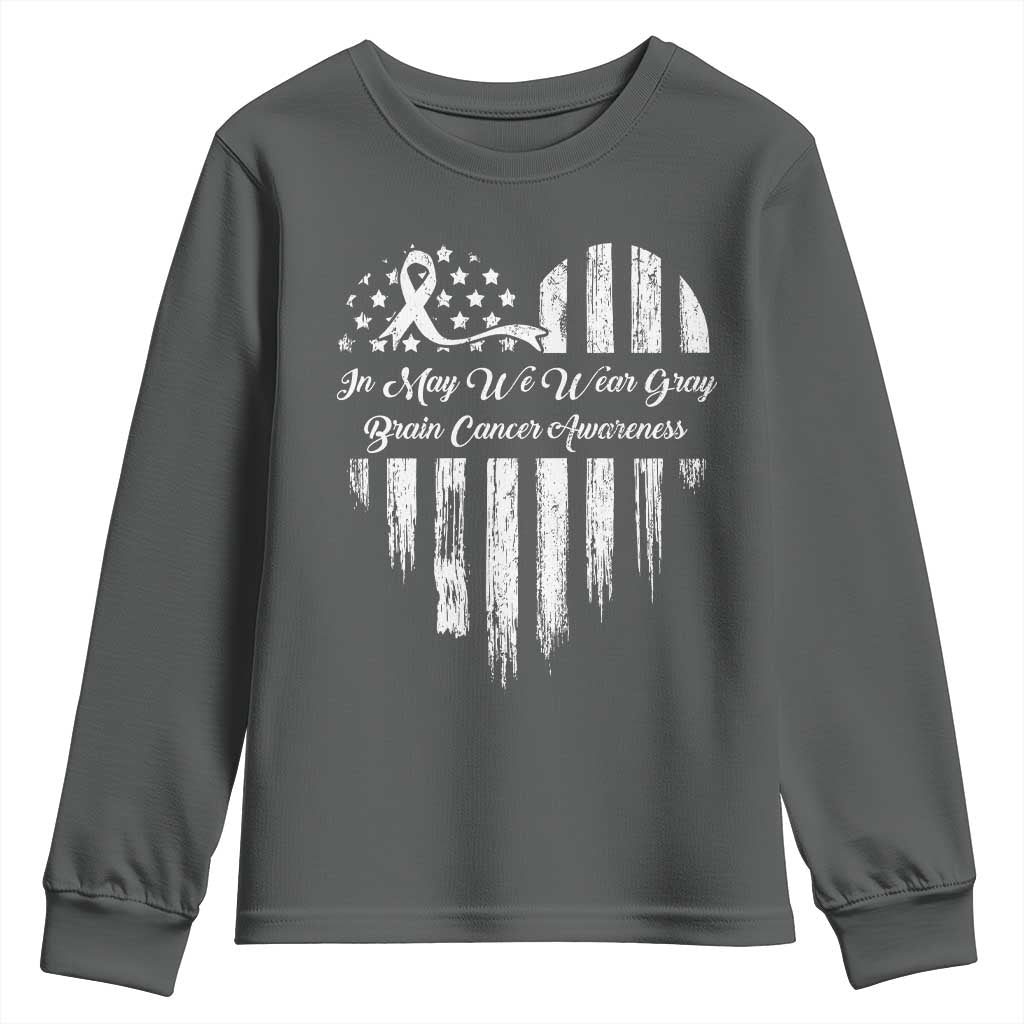 Brain Cancer Awareness Youth Sweatshirt In May We Wear Gray American Flag Heart TS10 Dark Heather Print Your Wear