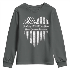 Brain Cancer Awareness Youth Sweatshirt In May We Wear Gray American Flag Heart TS10 Dark Heather Print Your Wear