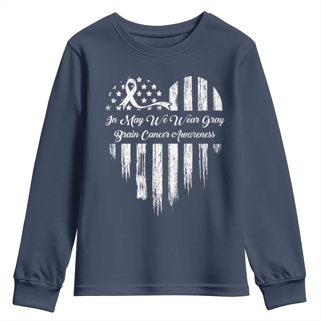 Brain Cancer Awareness Youth Sweatshirt In May We Wear Gray American Flag Heart TS10 Navy Print Your Wear