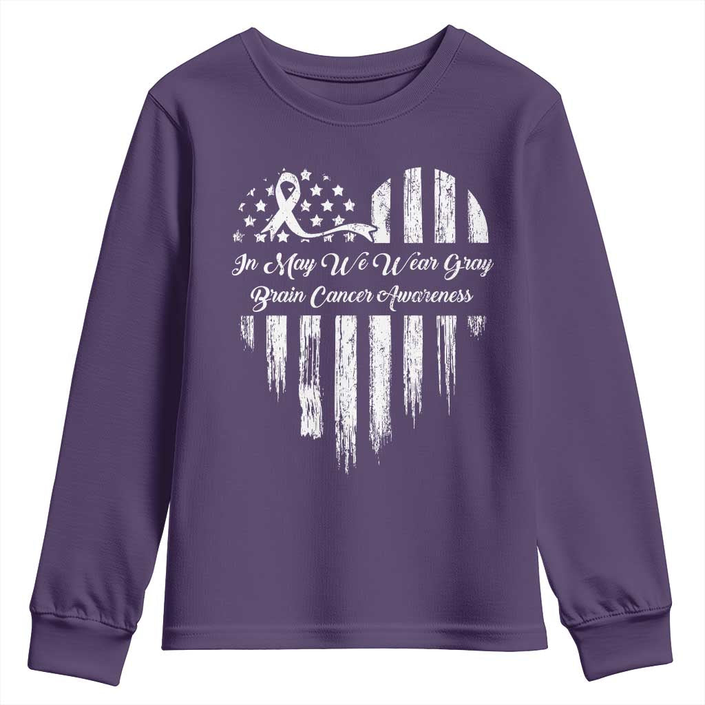 Brain Cancer Awareness Youth Sweatshirt In May We Wear Gray American Flag Heart TS10 Purple Print Your Wear