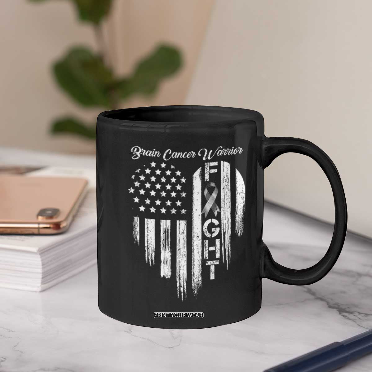 Brain Cancer Warrior Coffee Mug Fight Gray Ribbon American Flag Heart TS10 Print Your Wear