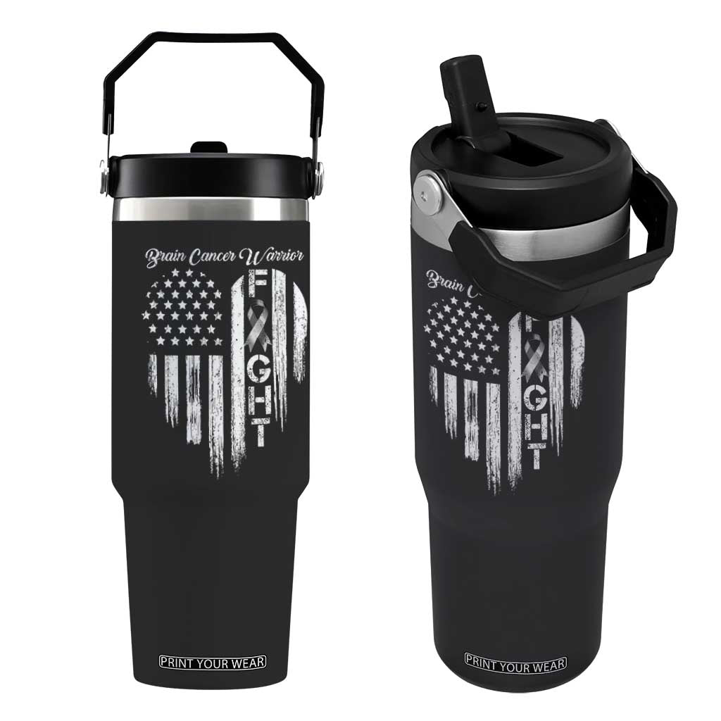 Brain Cancer Warrior Flip Straw Tumbler Fight Gray Ribbon American Flag Heart TS10 One Size: 30 oz Black Print Your Wear