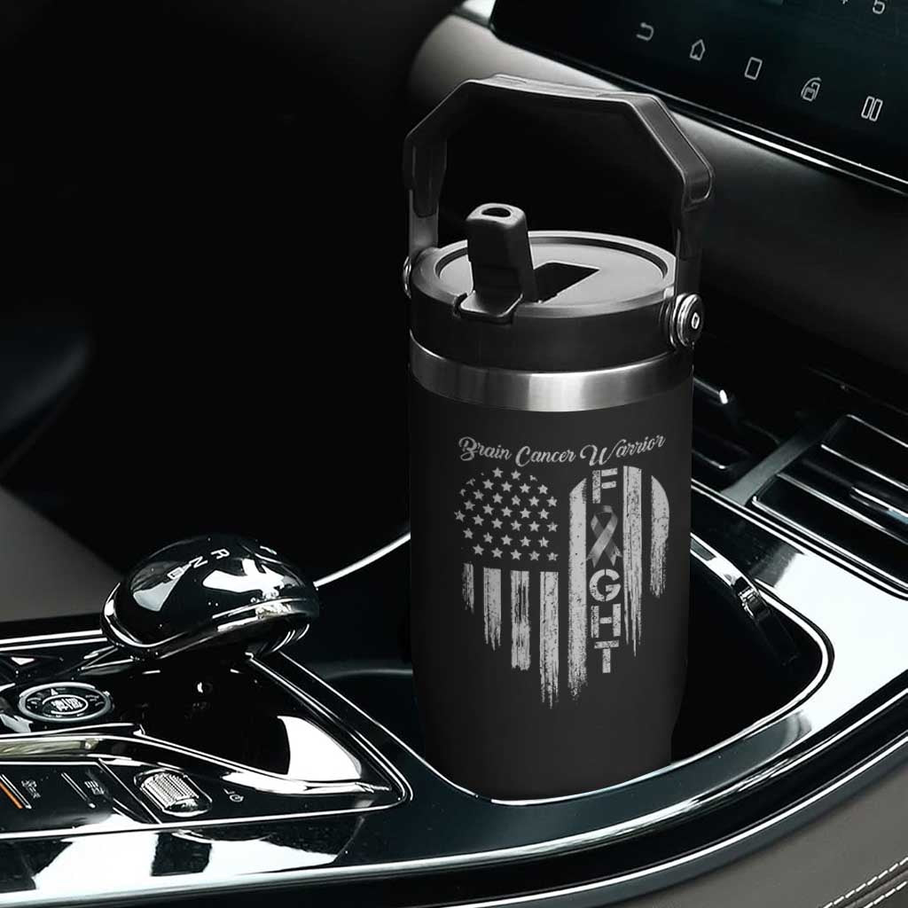 Brain Cancer Warrior Flip Straw Tumbler Fight Gray Ribbon American Flag Heart TS10 Print Your Wear