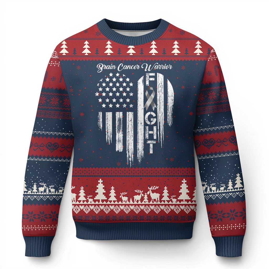 Brain Cancer Warrior Ugly Christmas Sweater Fight Gray Ribbon American Flag Heart TS10 Navy Red Print Your Wear