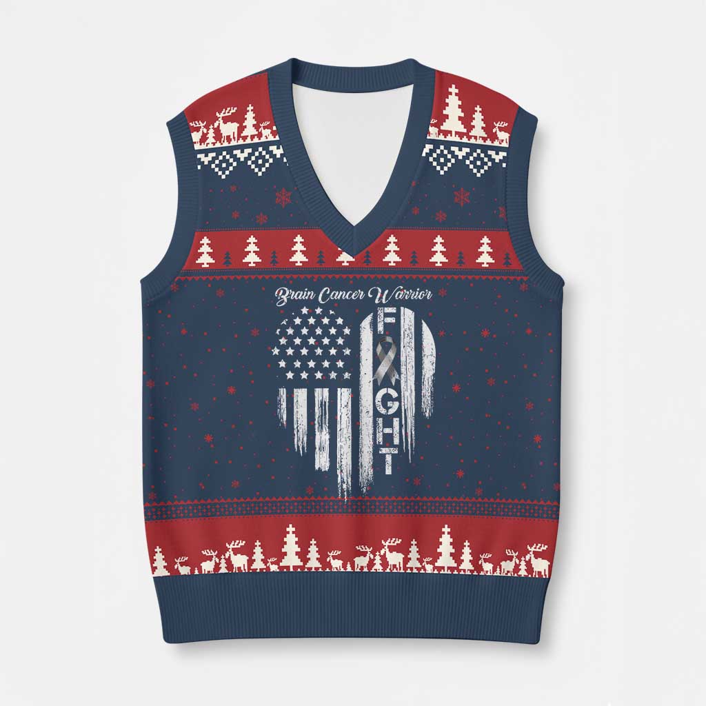 Brain Cancer Warrior V-Neck Knit Sweater Vest Fight Gray Ribbon American Flag Heart TS10 Navy Red Print Your Wear