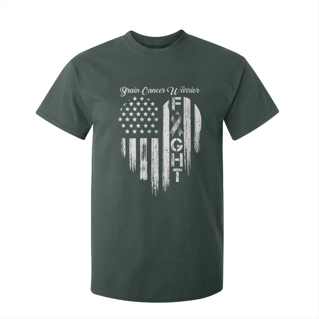 Brain Cancer Warrior T Shirt For Kid Fight Gray Ribbon American Flag Heart TS10 Dark Forest Green Print Your Wear