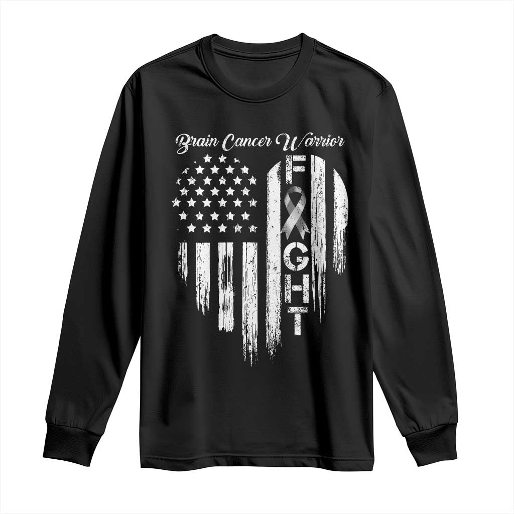 Brain Cancer Warrior Long Sleeve Shirt Fight Gray Ribbon American Flag Heart TS10 Black Print Your Wear