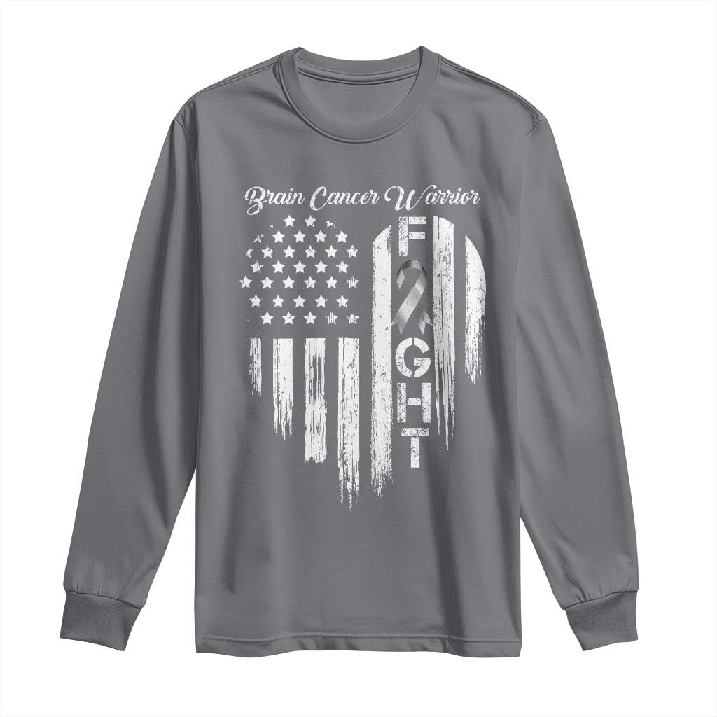 Brain Cancer Warrior Long Sleeve Shirt Fight Gray Ribbon American Flag Heart TS10 Charcoal Print Your Wear
