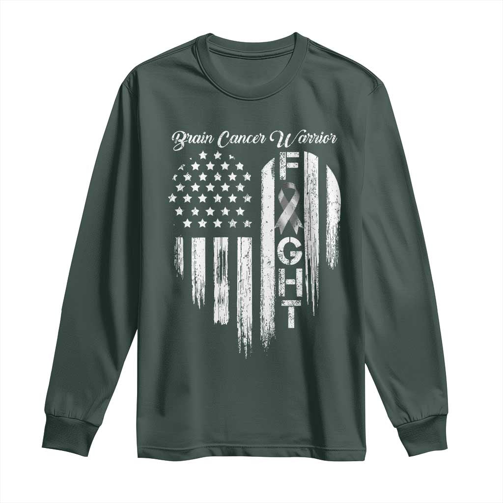 Brain Cancer Warrior Long Sleeve Shirt Fight Gray Ribbon American Flag Heart TS10 Dark Forest Green Print Your Wear