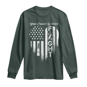 Brain Cancer Warrior Long Sleeve Shirt Fight Gray Ribbon American Flag Heart TS10 Dark Forest Green Print Your Wear