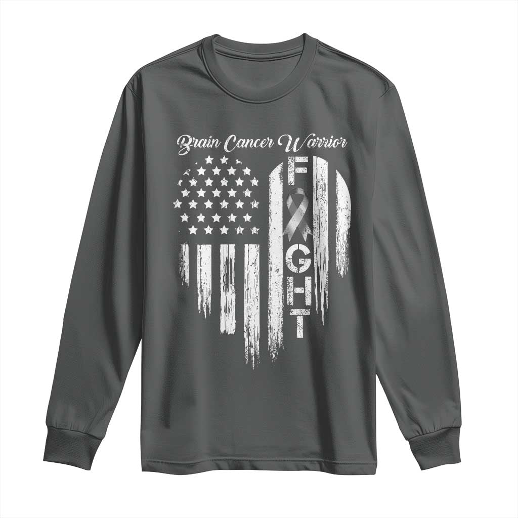 Brain Cancer Warrior Long Sleeve Shirt Fight Gray Ribbon American Flag Heart TS10 Dark Heather Print Your Wear