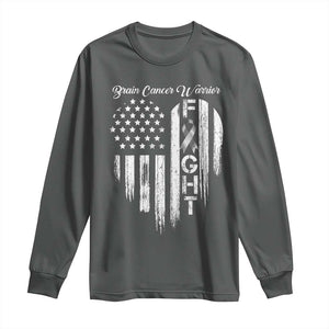 Brain Cancer Warrior Long Sleeve Shirt Fight Gray Ribbon American Flag Heart TS10 Dark Heather Print Your Wear