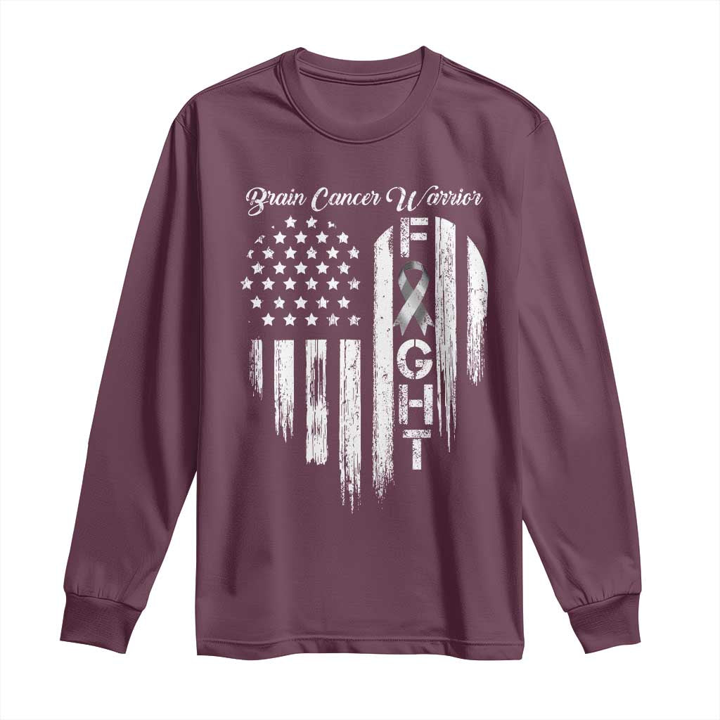 Brain Cancer Warrior Long Sleeve Shirt Fight Gray Ribbon American Flag Heart TS10 Maroon Print Your Wear
