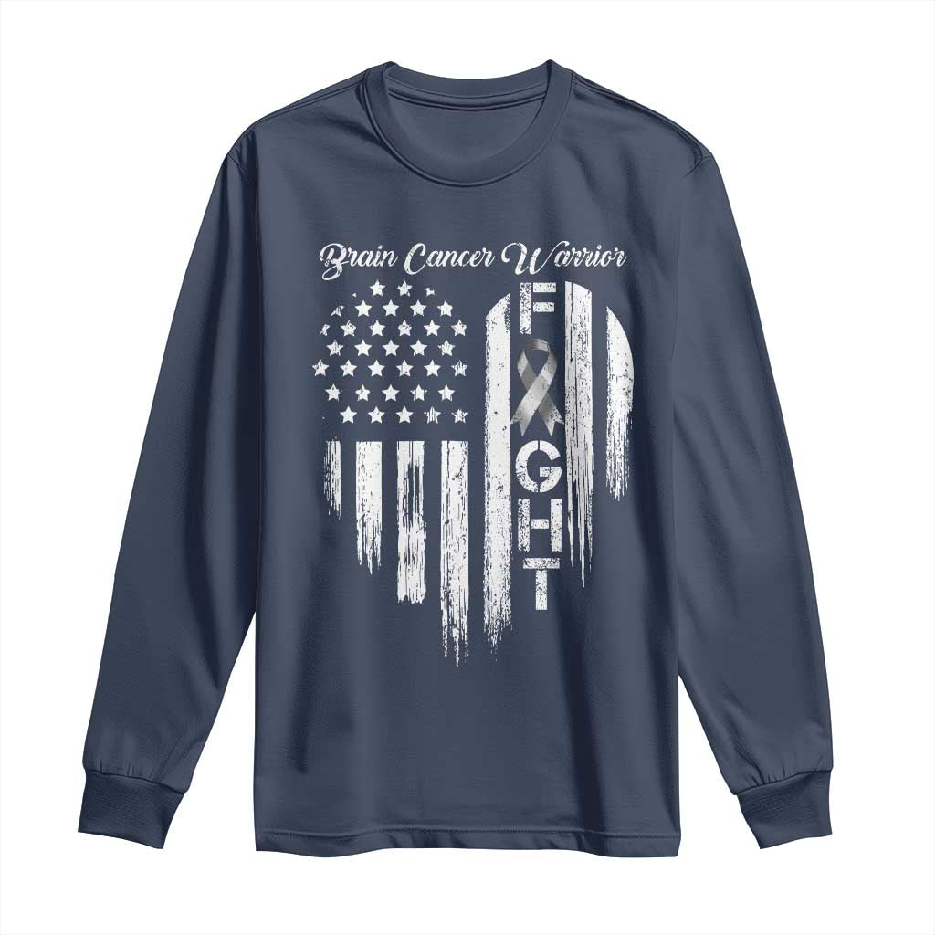 Brain Cancer Warrior Long Sleeve Shirt Fight Gray Ribbon American Flag Heart TS10 Navy Print Your Wear