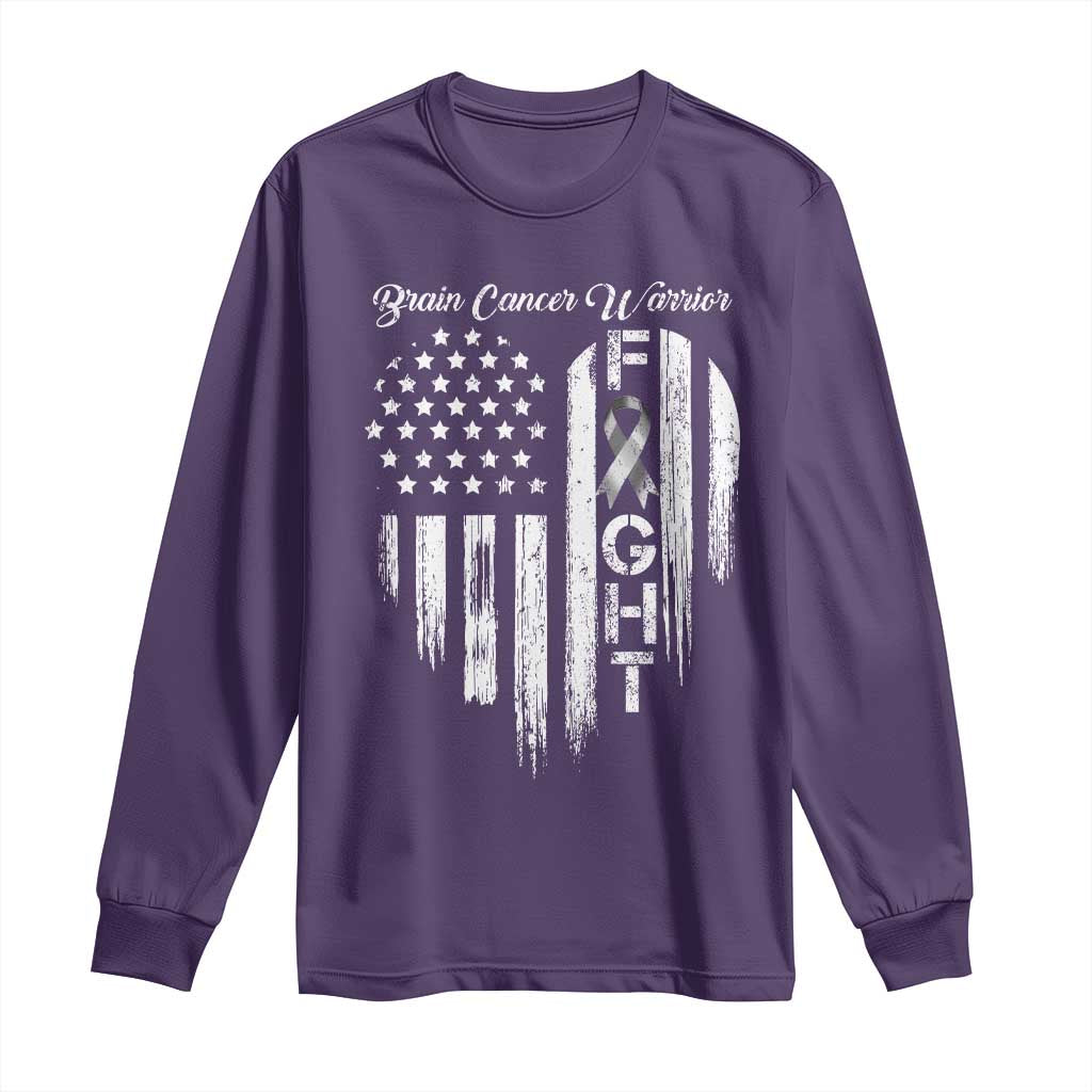 Brain Cancer Warrior Long Sleeve Shirt Fight Gray Ribbon American Flag Heart TS10 Purple Print Your Wear