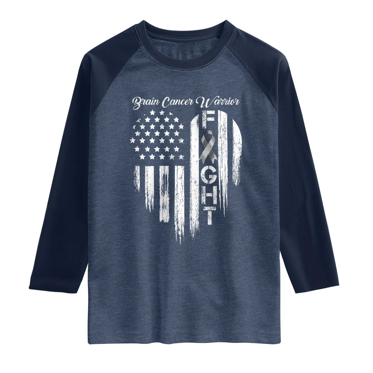 Brain Cancer Warrior Raglan Shirt Fight Gray Ribbon American Flag Heart TS10 Heather Denim Navy Print Your Wear