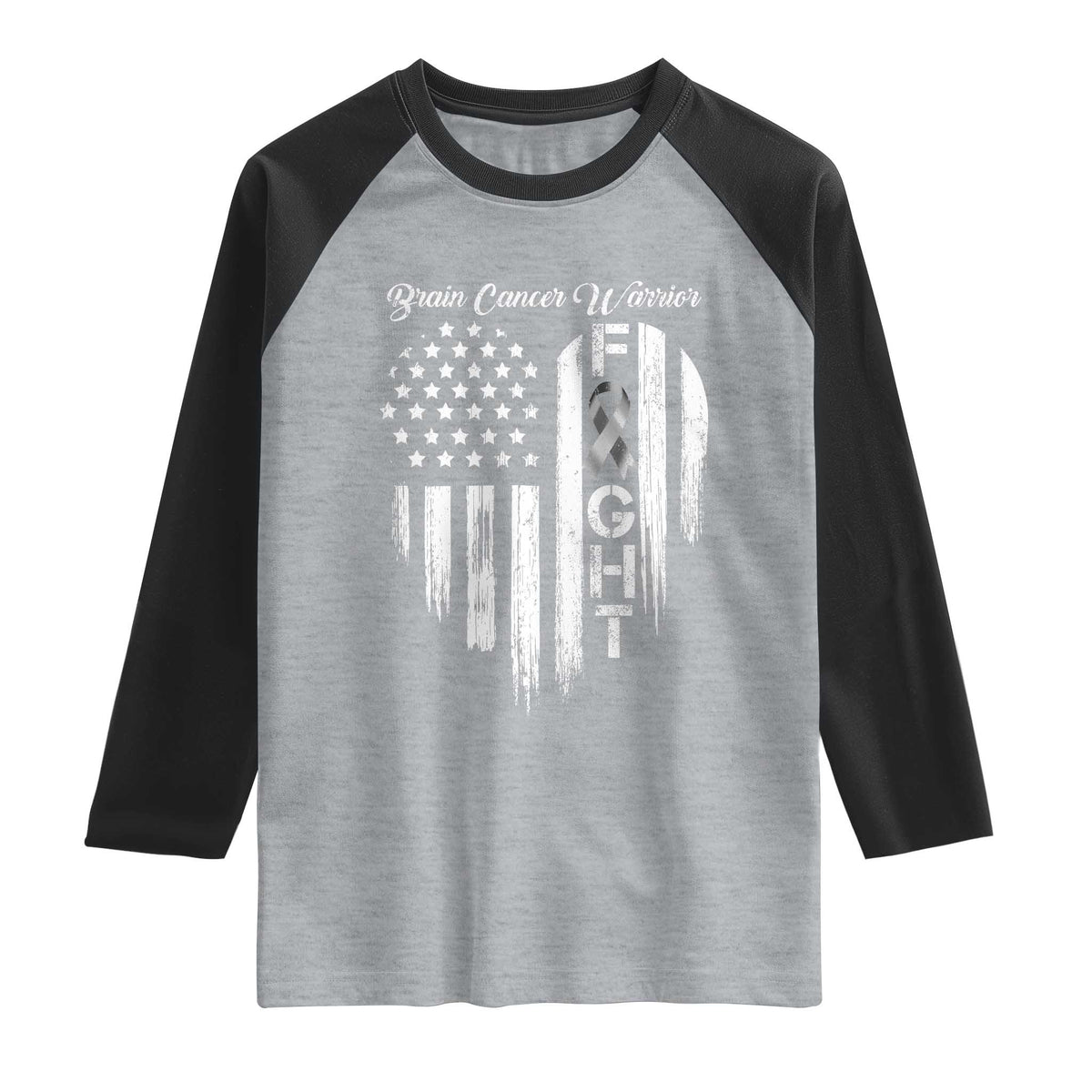 Brain Cancer Warrior Raglan Shirt Fight Gray Ribbon American Flag Heart TS10 Heather Gray Black Print Your Wear