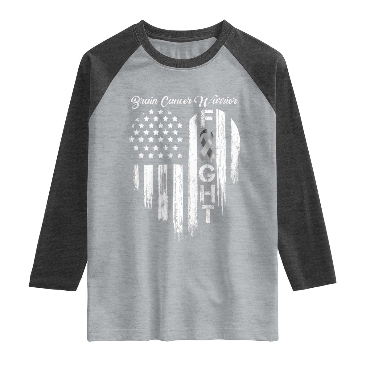 Brain Cancer Warrior Raglan Shirt Fight Gray Ribbon American Flag Heart TS10 Heather Gray Heather Charcoal Print Your Wear