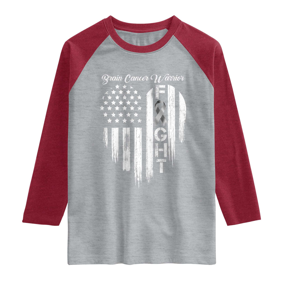 Brain Cancer Warrior Raglan Shirt Fight Gray Ribbon American Flag Heart TS10 Heather Gray Heather Red Print Your Wear