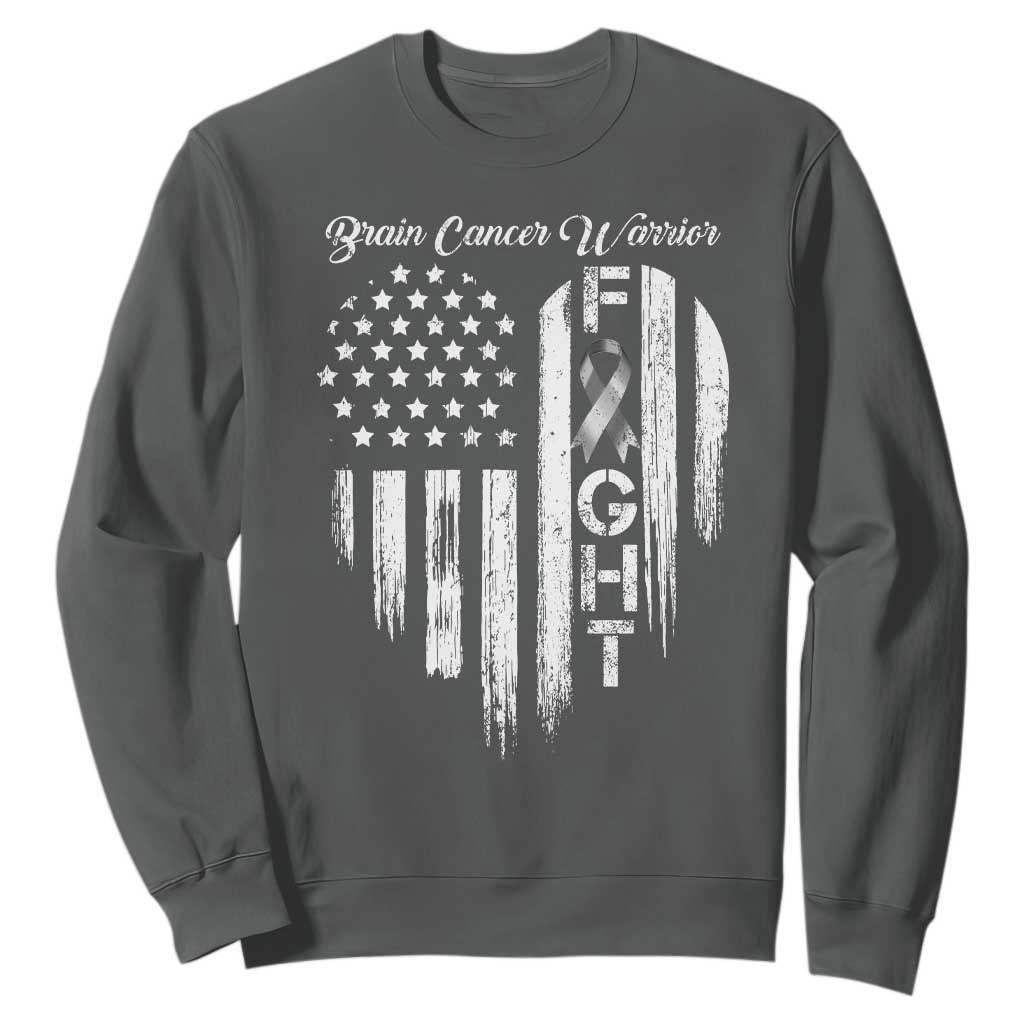 Brain Cancer Warrior Sweatshirt Fight Gray Ribbon American Flag Heart TS10 Dark Heather Print Your Wear