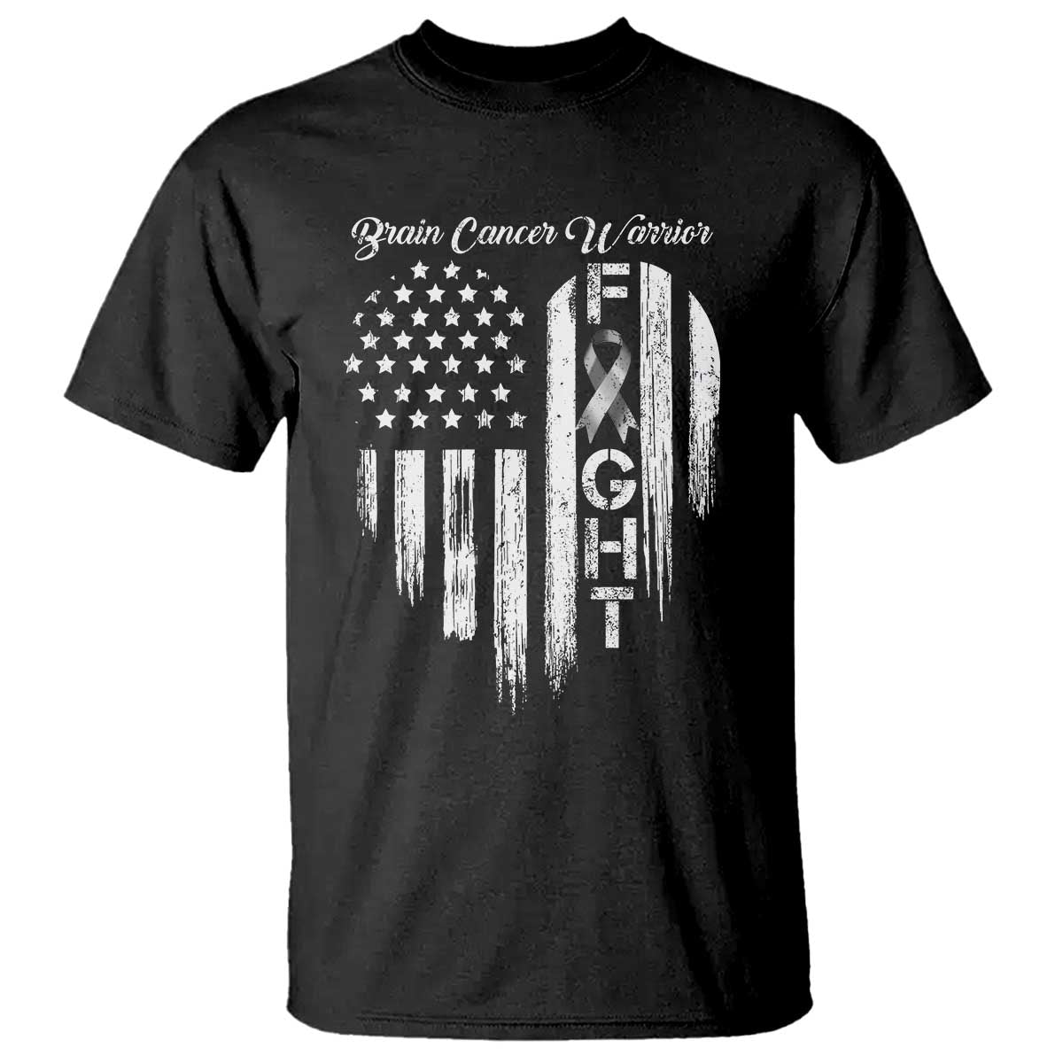 Brain Cancer Warrior T Shirt Fight Gray Ribbon American Flag Heart TS10 Black Print Your Wear