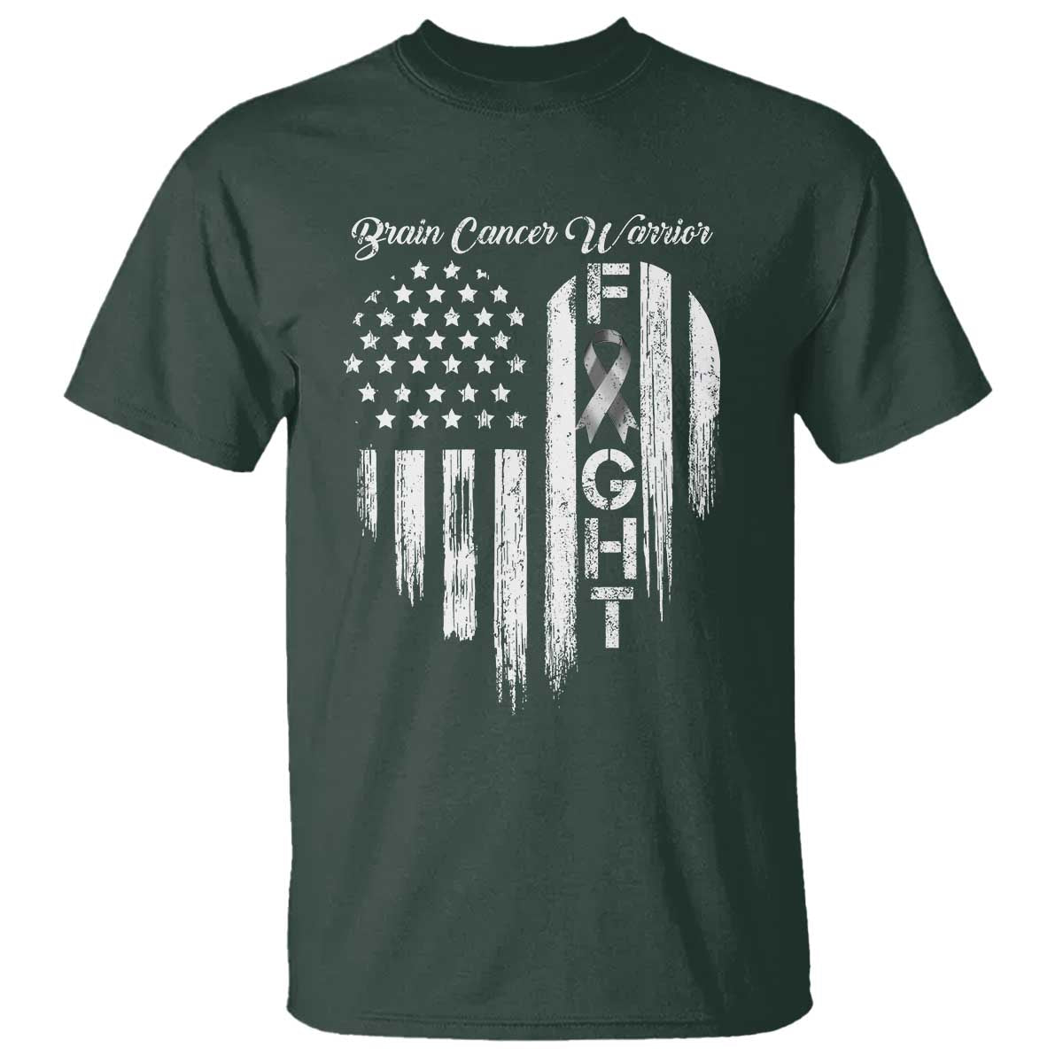 Brain Cancer Warrior T Shirt Fight Gray Ribbon American Flag Heart TS10 Dark Forest Green Print Your Wear