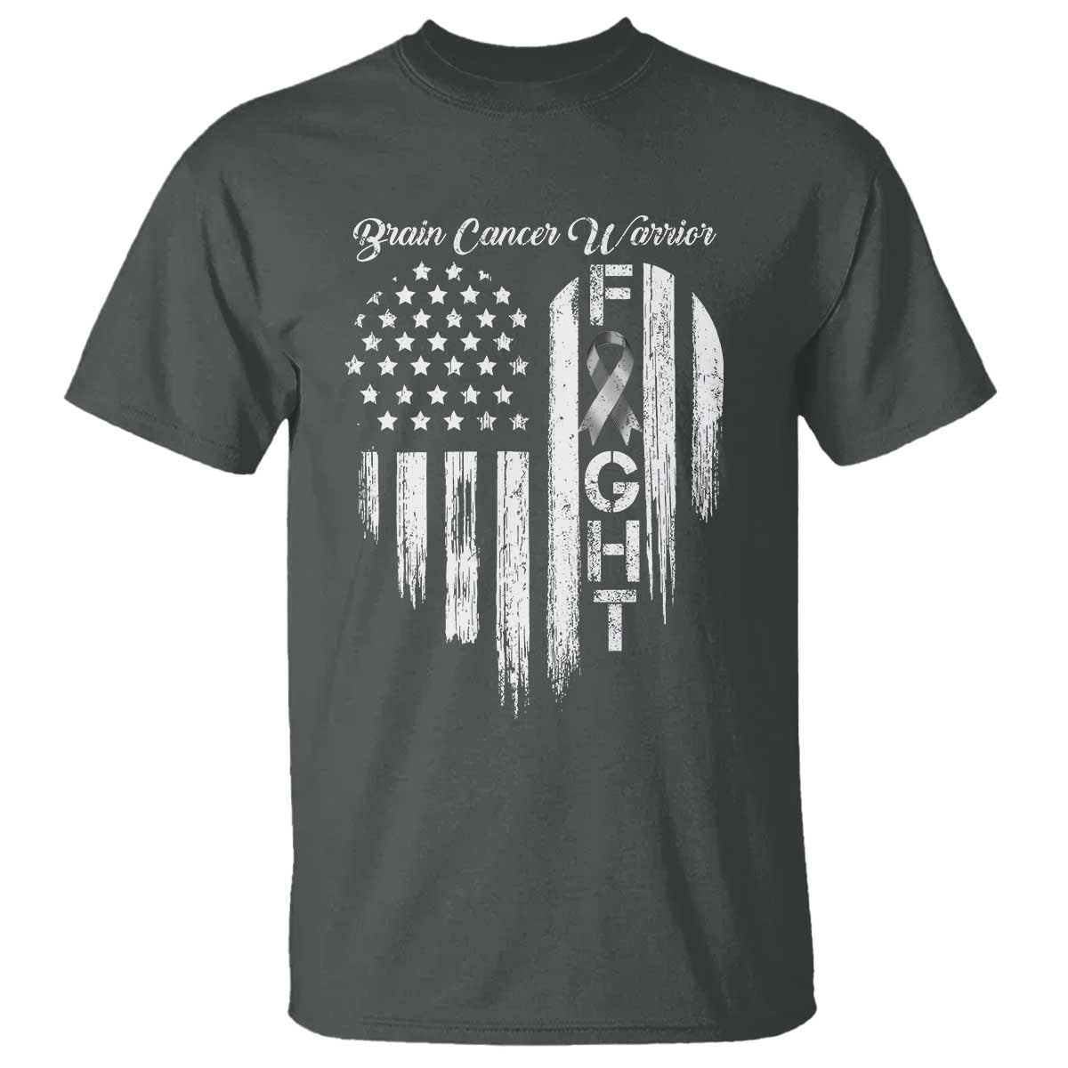 Brain Cancer Warrior T Shirt Fight Gray Ribbon American Flag Heart TS10 Dark Heather Print Your Wear